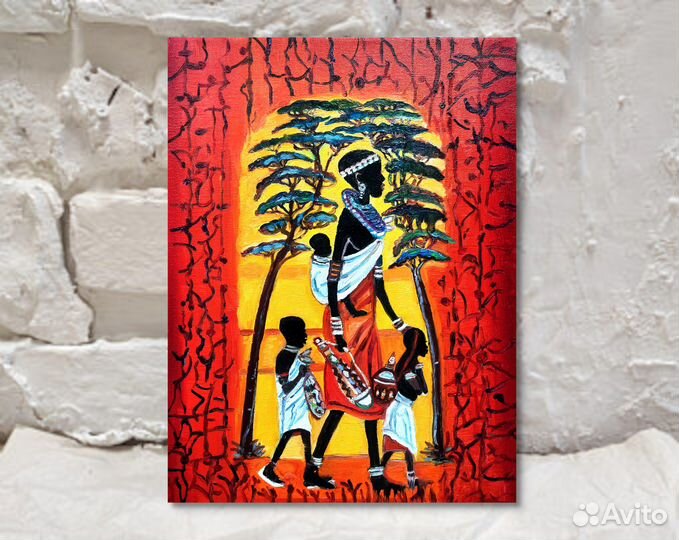Картина маслом Африканка с детьми холст 40на30см