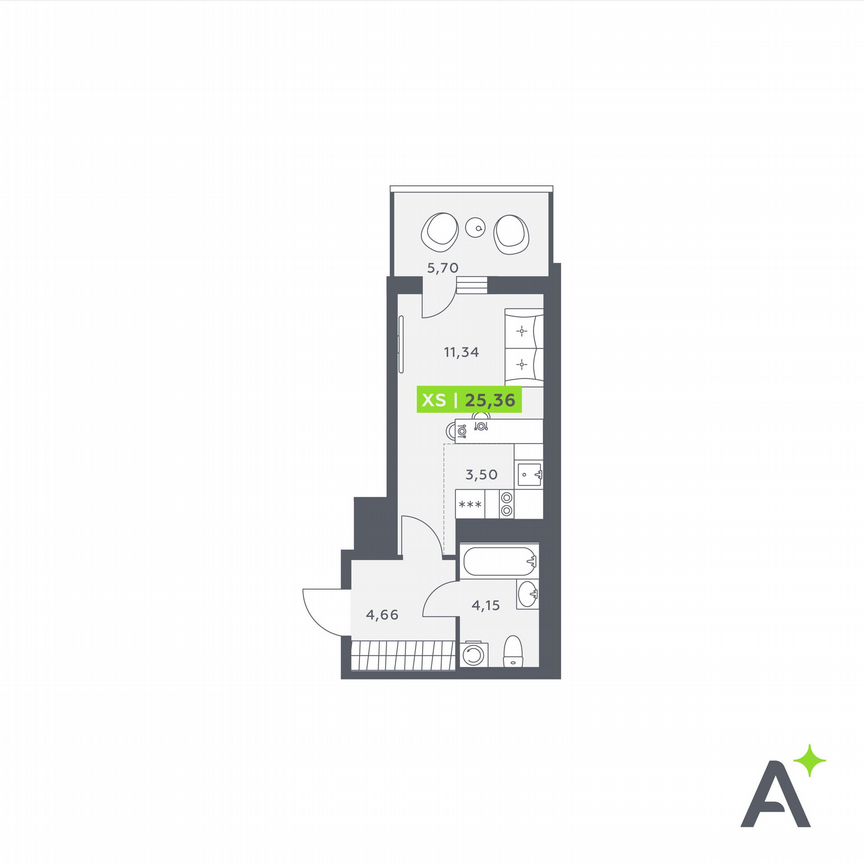 Квартира-студия, 25,4 м², 11/12 эт.