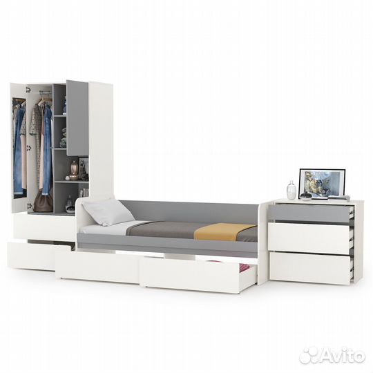 Молодёжная мебель Торонто № 21, цвет белый шагрень/стальной серый, шхгхв 354х84,4х195,7 см, спальное