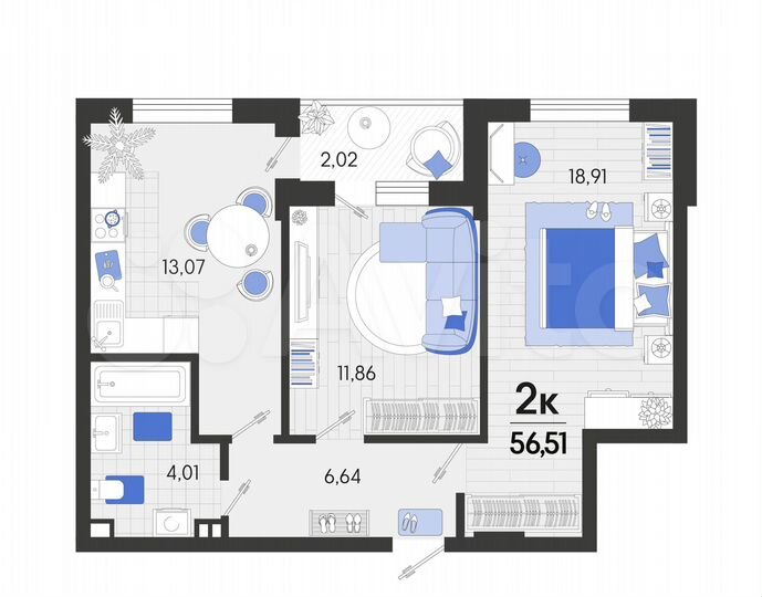 2-к. квартира, 56,5 м², 6/7 эт.