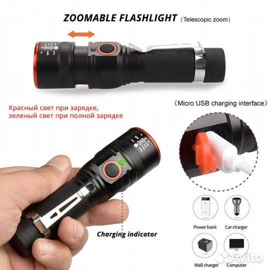 Фонарь с зарядкой usb + держатель (Pocketman)