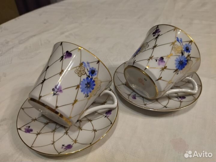 Чашка с блюдцем лфз васильки золотая сетка