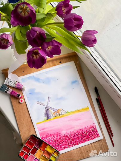 Интерьерная картина акварель цветы пейзаж