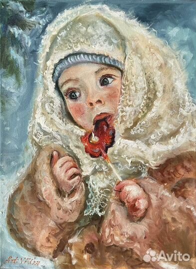 Картина маслом Девочка и леденец на заказ 40 х30