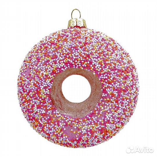 Пончик розовый ёлочная игрушка из стекла на Новый
