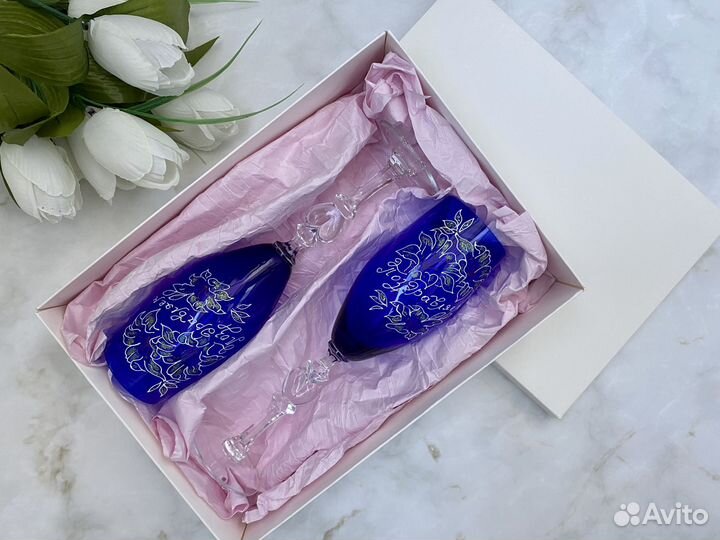 Подарочные бокалы хрусталь и кобальтовое стекло