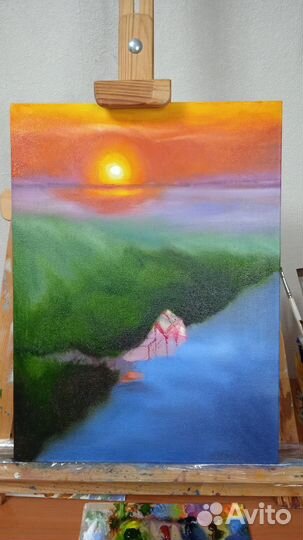 Закат Летний пейзаж Картина маслом холст 30*40