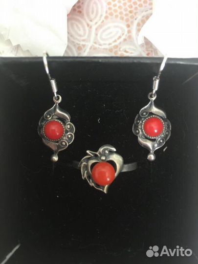 Серебряный набор нефрит коралл, винтаж 875