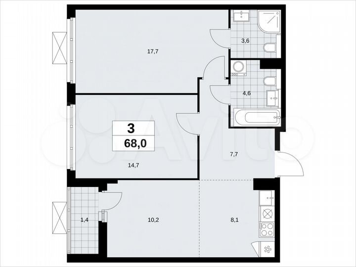 3-к. квартира, 68 м², 19/19 эт.