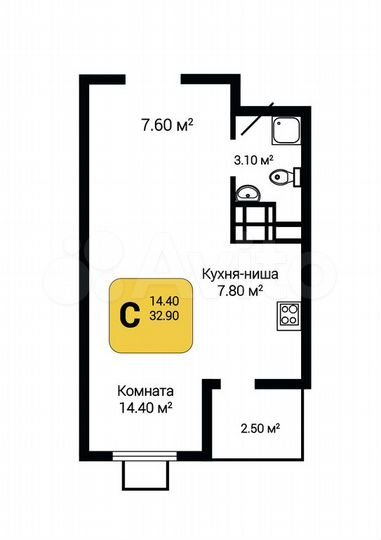Квартира-студия, 34,2 м², 3/15 эт.