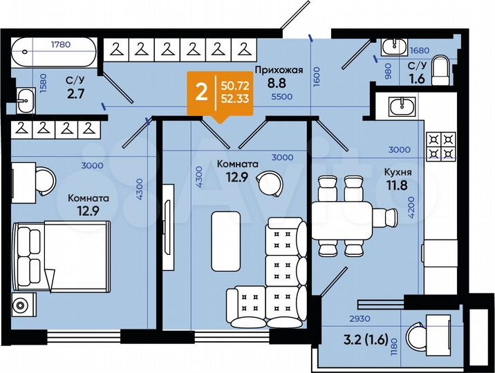 2-к. квартира, 52,3 м², 8/9 эт.