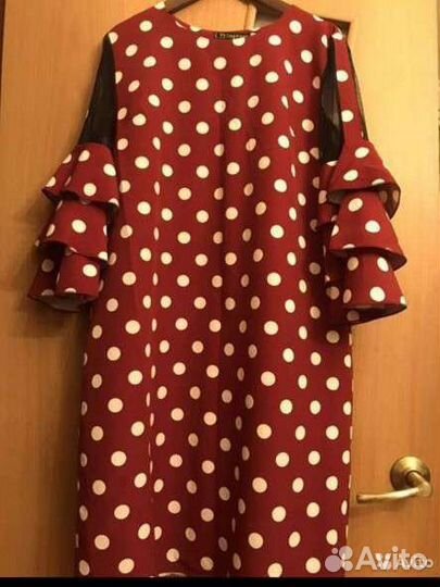 Платье в горошек бордовое прозрачным рукавом 46-48