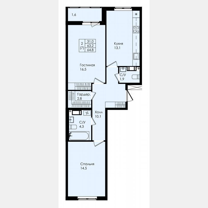 2-к. квартира, 64,8 м², 6/8 эт.