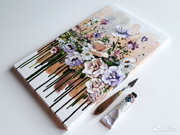 Картина маслом цветы Белые Розы интерьерная нежная