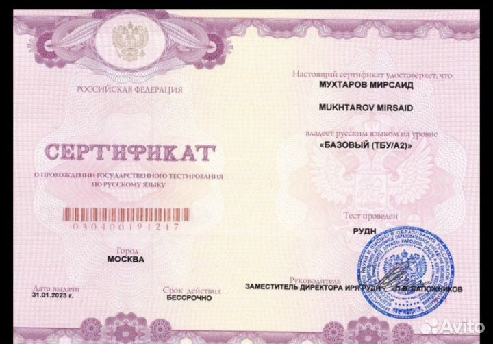 Сертификат русского языка Патент РВП ВНЖ Граждан