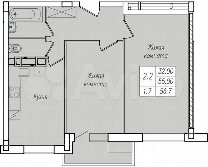 2-к. квартира, 56,7 м², 2/10 эт.