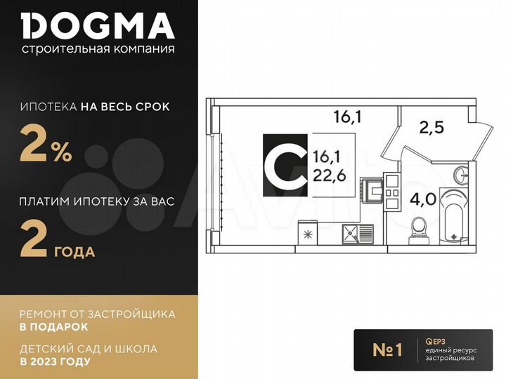 Квартира-студия, 22,6 м², 6/16 эт.