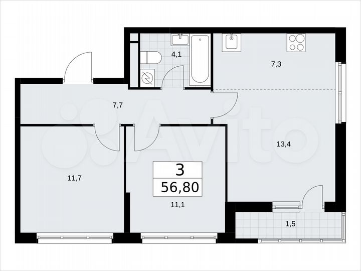 3-к. квартира, 56,8 м², 4/9 эт.