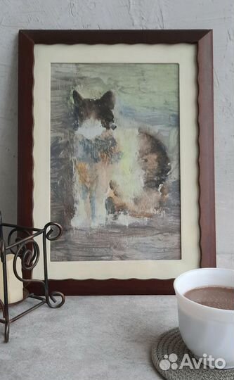 Картина маслом в рамке Кошка на счастье