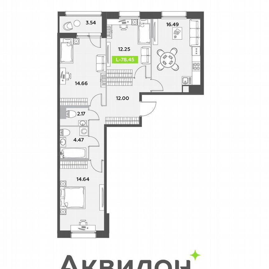 3-к. квартира, 78,5 м², 3/12 эт.