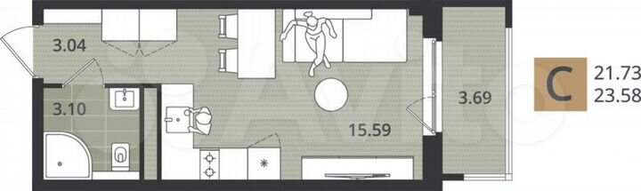Квартира-студия, 23,6 м², 3/5 эт.