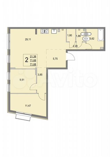 2-к. квартира, 71,7 м², 1/4 эт.