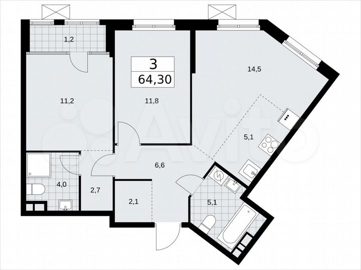 3-к. квартира, 64,3 м², 6/16 эт.