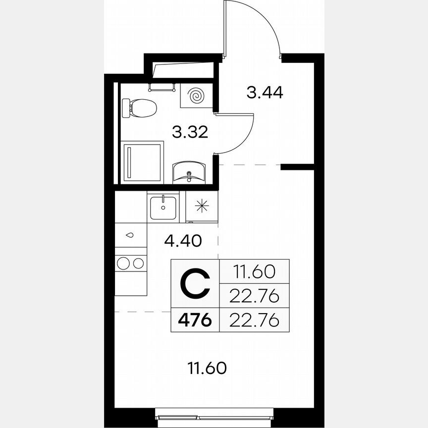 Квартира-студия, 22,8 м², 6/9 эт.