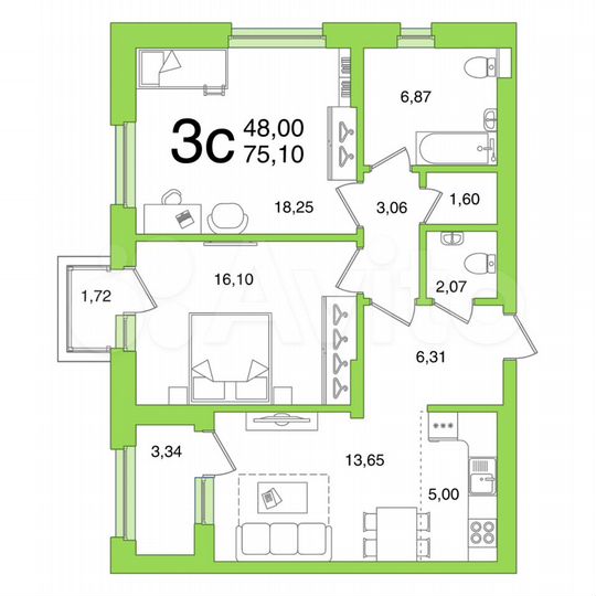 3-к. квартира, 75,1 м², 2/12 эт.