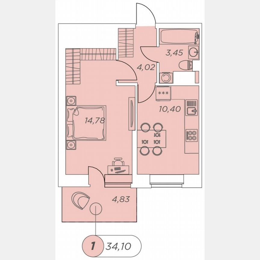 1-к. квартира, 34,1 м², 7/12 эт.