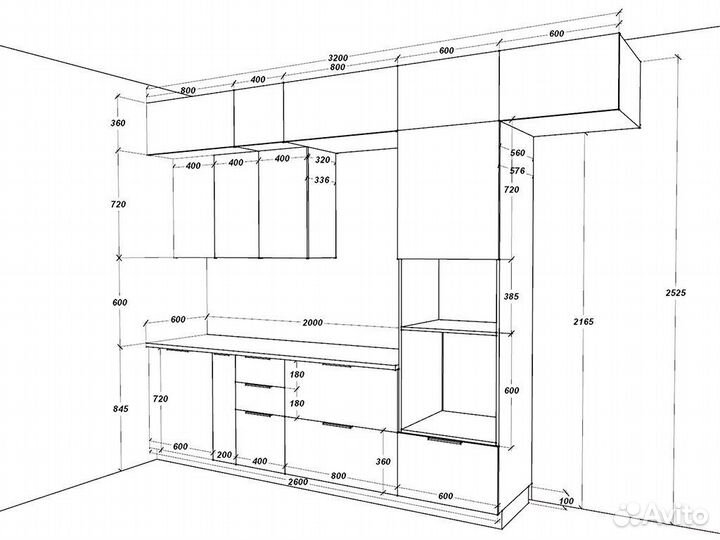 Кухня мдф+лдсп 3,2 м. Люкс-фурнитура, столешница
