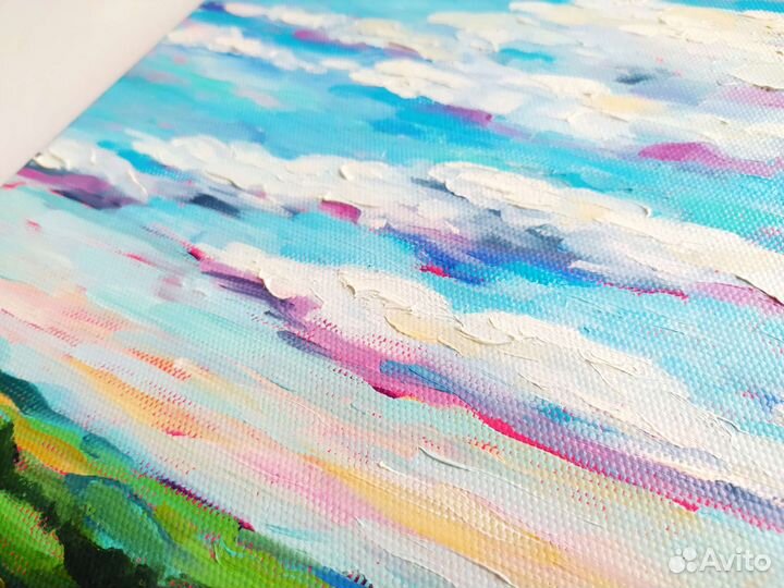 Картина маслом летний пейзаж поле небо облака