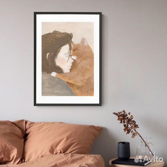 Постер с котом и девушкой