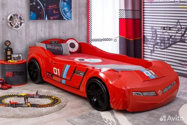 Кровать машина с матрасом Манга красная