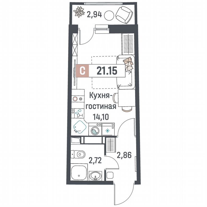 Квартира-студия, 21,2 м², 6/18 эт.