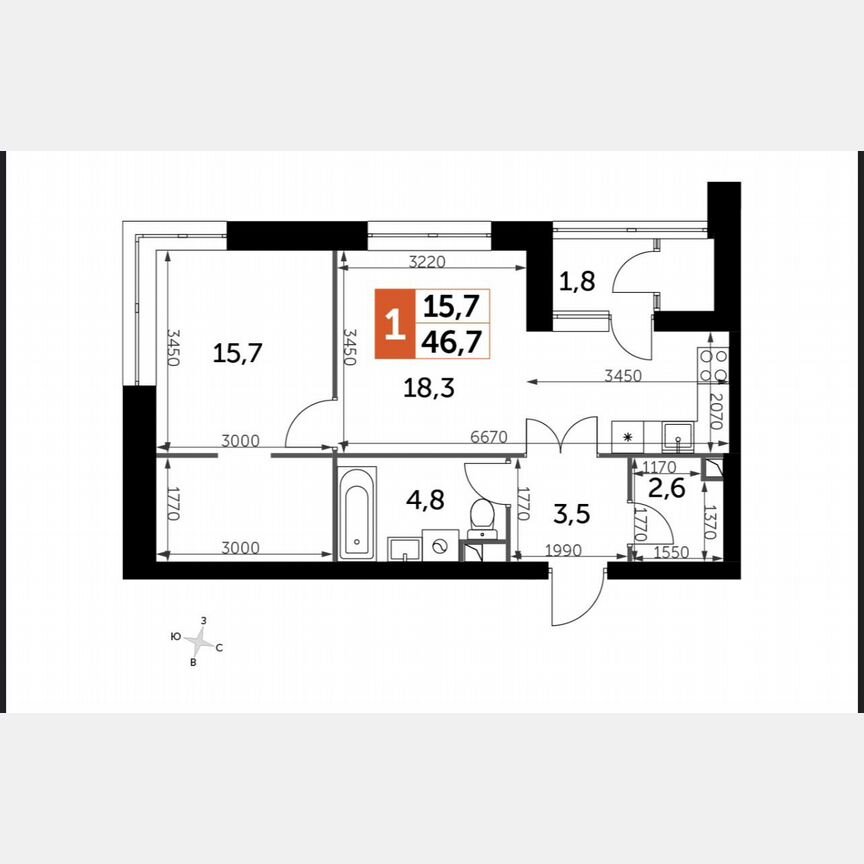 1-к. квартира, 46,7 м², 33/44 эт.
