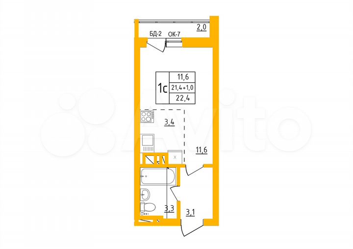 Квартира-студия, 22,4 м², 6/27 эт.