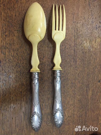 Набор ложка и вилка кость серебро