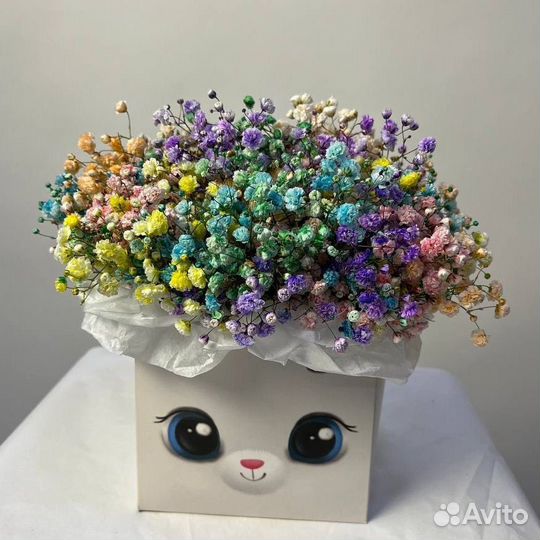 Разноцветная гипсофила в коробке Зайка