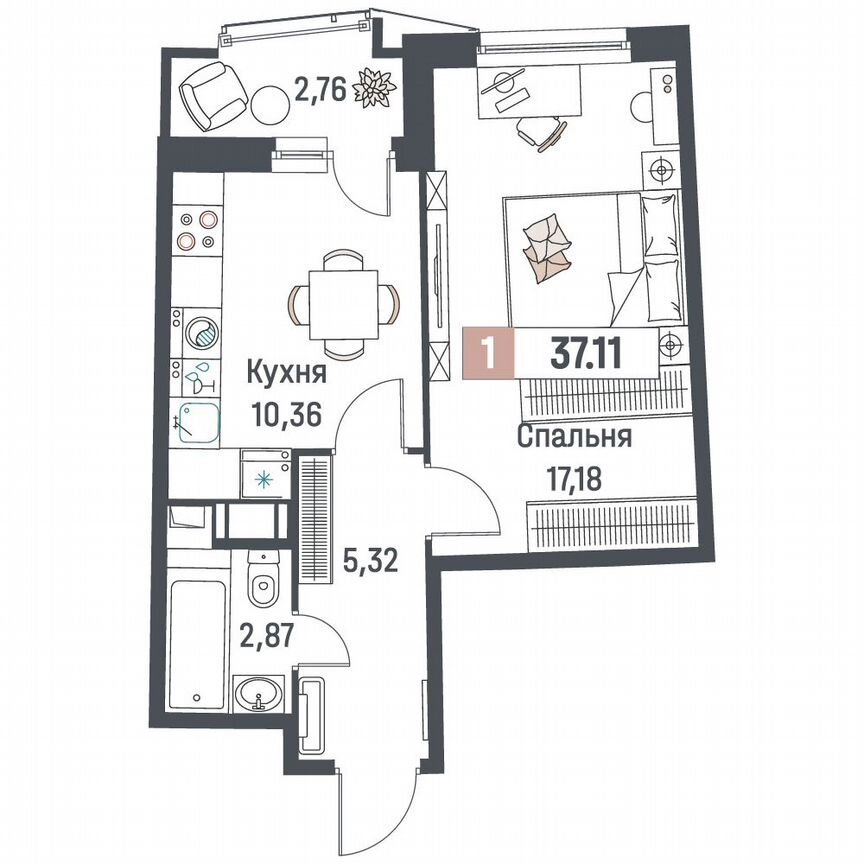1-к. квартира, 37,1 м², 11/18 эт.