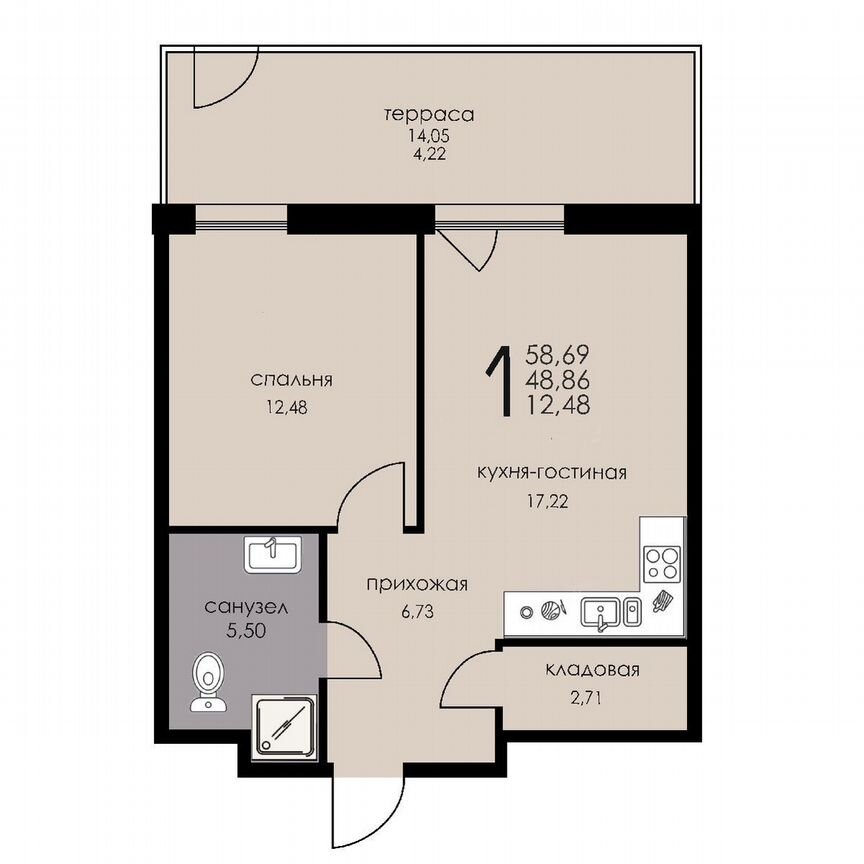 1-к. апартаменты, 48,9 м², 1/6 эт.
