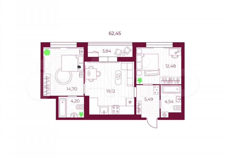 2-к. квартира, 62,5 м², 1/10 эт.