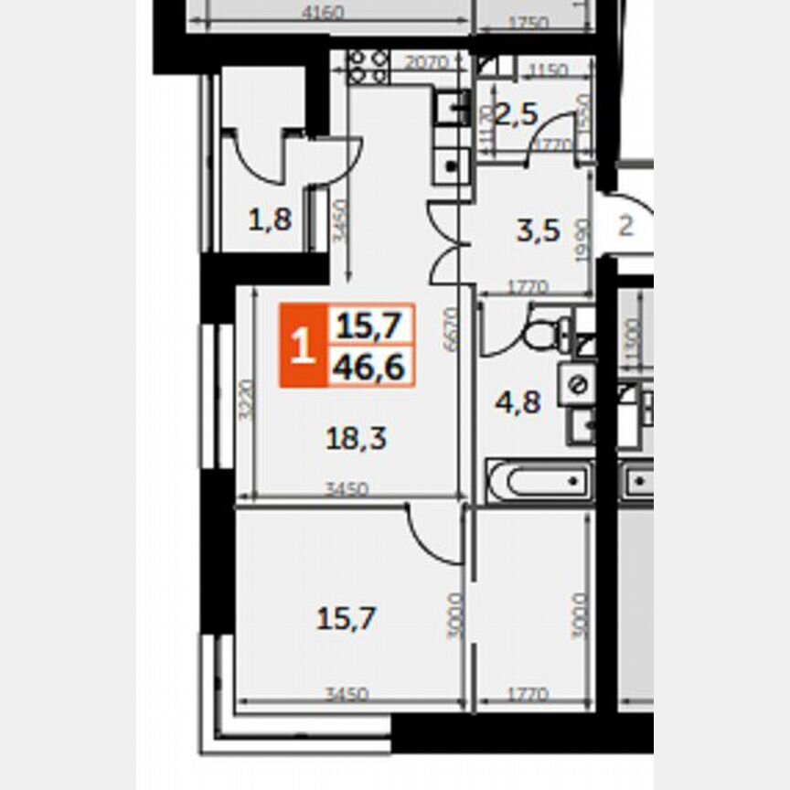 2-к. квартира, 46,6 м², 2/44 эт.