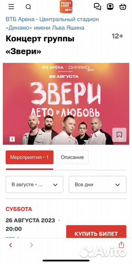 Билеты на концерт Звери 26 августа в 20:00