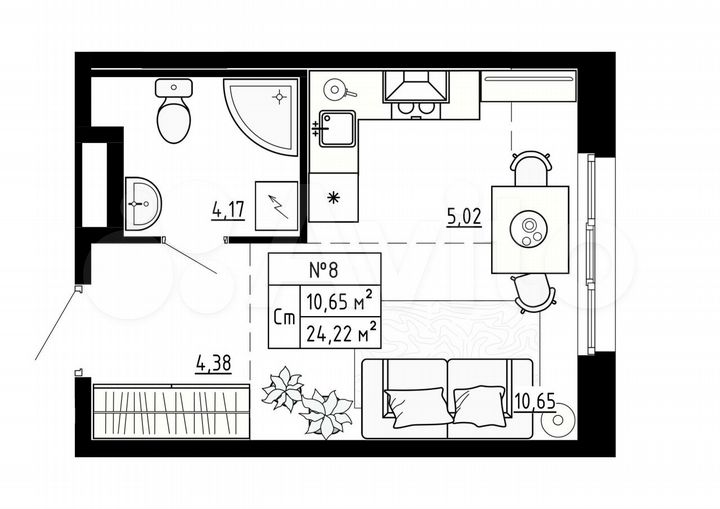 Квартира-студия, 24,2 м², 1/4 эт.