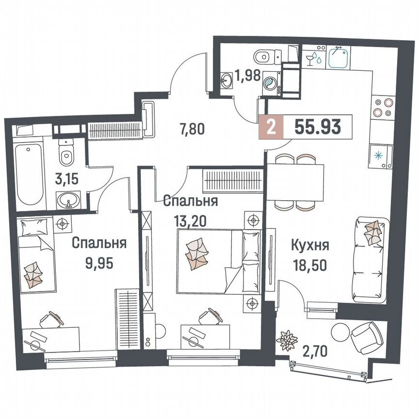 2-к. квартира, 55,9 м², 15/18 эт.