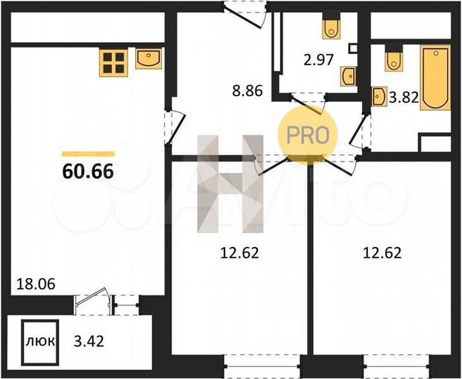 2-к. квартира, 60,7 м², 13/25 эт.