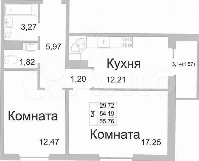 2-к. квартира, 55,8 м², 2/9 эт.