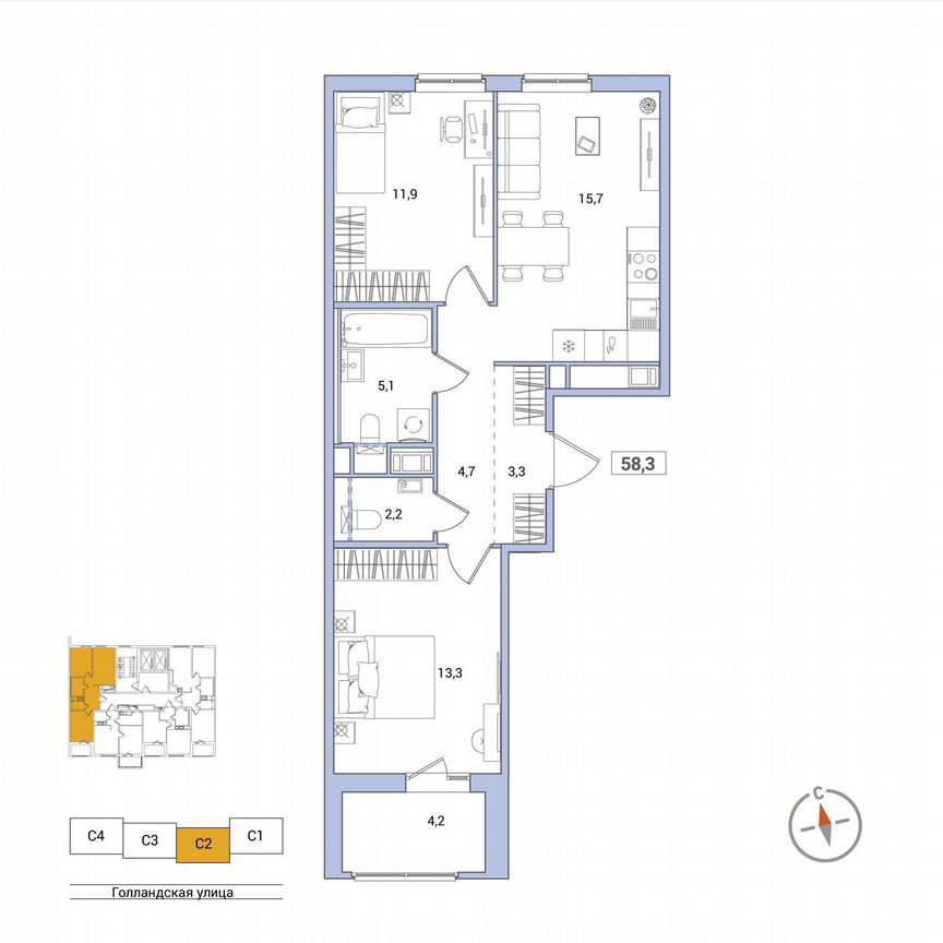 2-к. квартира, 58,3 м², 2/11 эт.