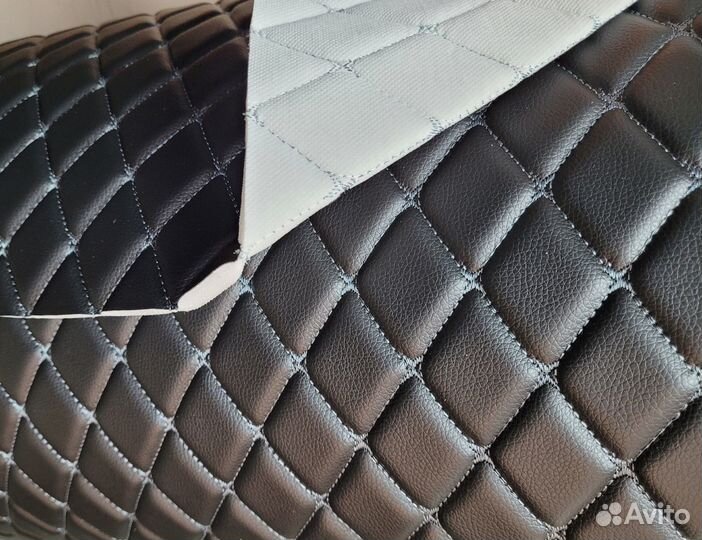 Эко-кожа черная на поролоне 7мм серая стежка ромб